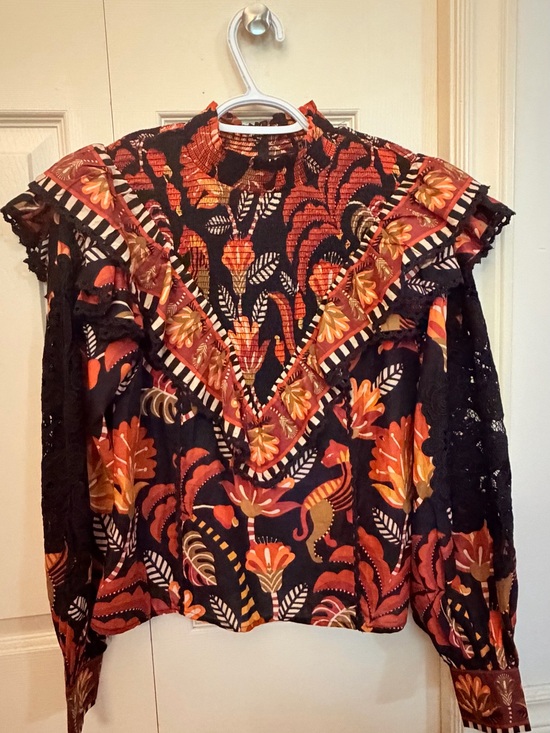 FARM Rio Tops - FARM Rio Black Multicolor High-Neck Ruffled Floral Blouse